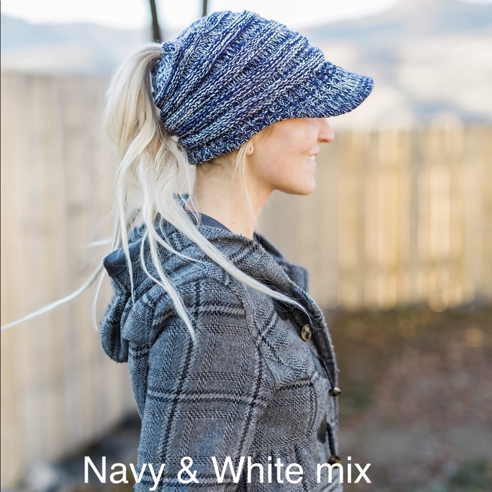 C.C Pony tail toque with brim Navy&White mix